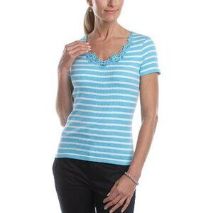 Chaps Striped Lace-Trim Top, Small, Turq White